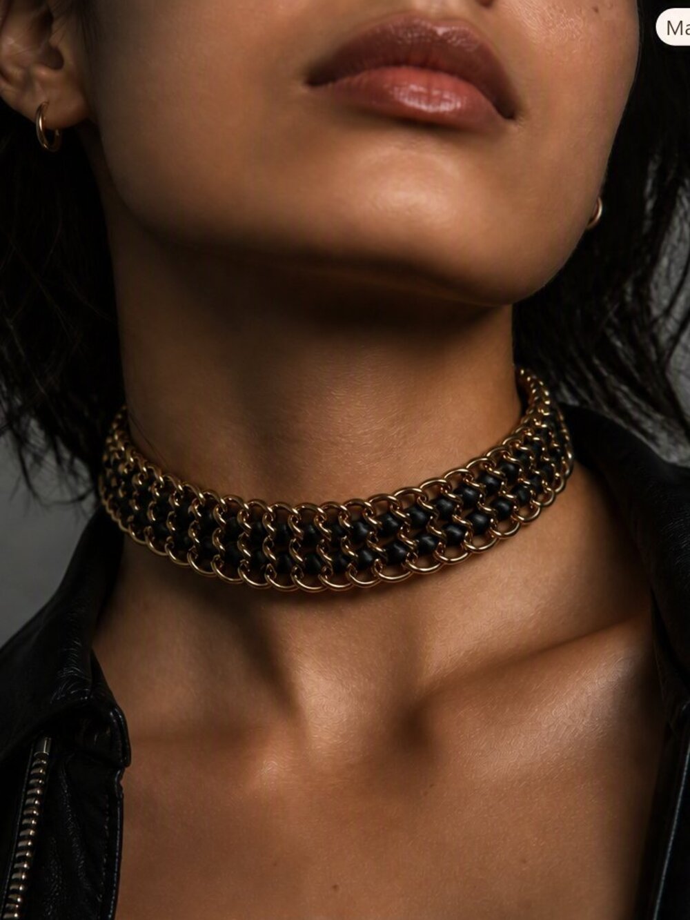 Gold Tone Chain and Black Ribbon Choker Necklace - Women Jewelry